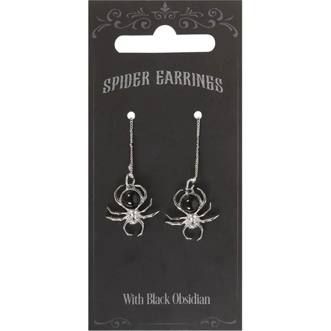 Spider threader earrings with black obsidian