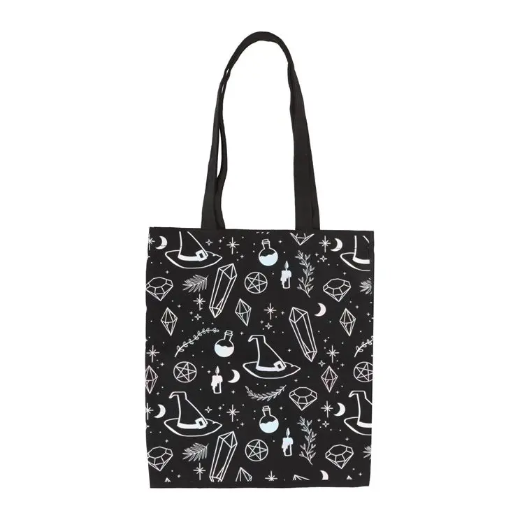 Black tote bag with a crystal witch print