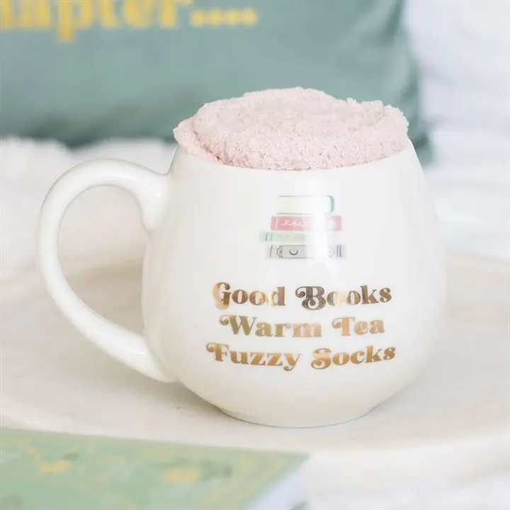 Ceramic Good Books, Warm Socks, Hot Tea mug with socks and colour cardboard box