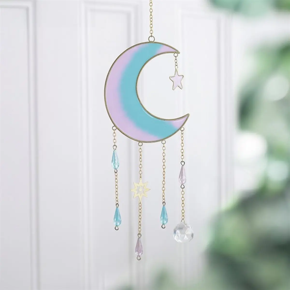 Pastel rainbow crescent moon suncatcher with charms