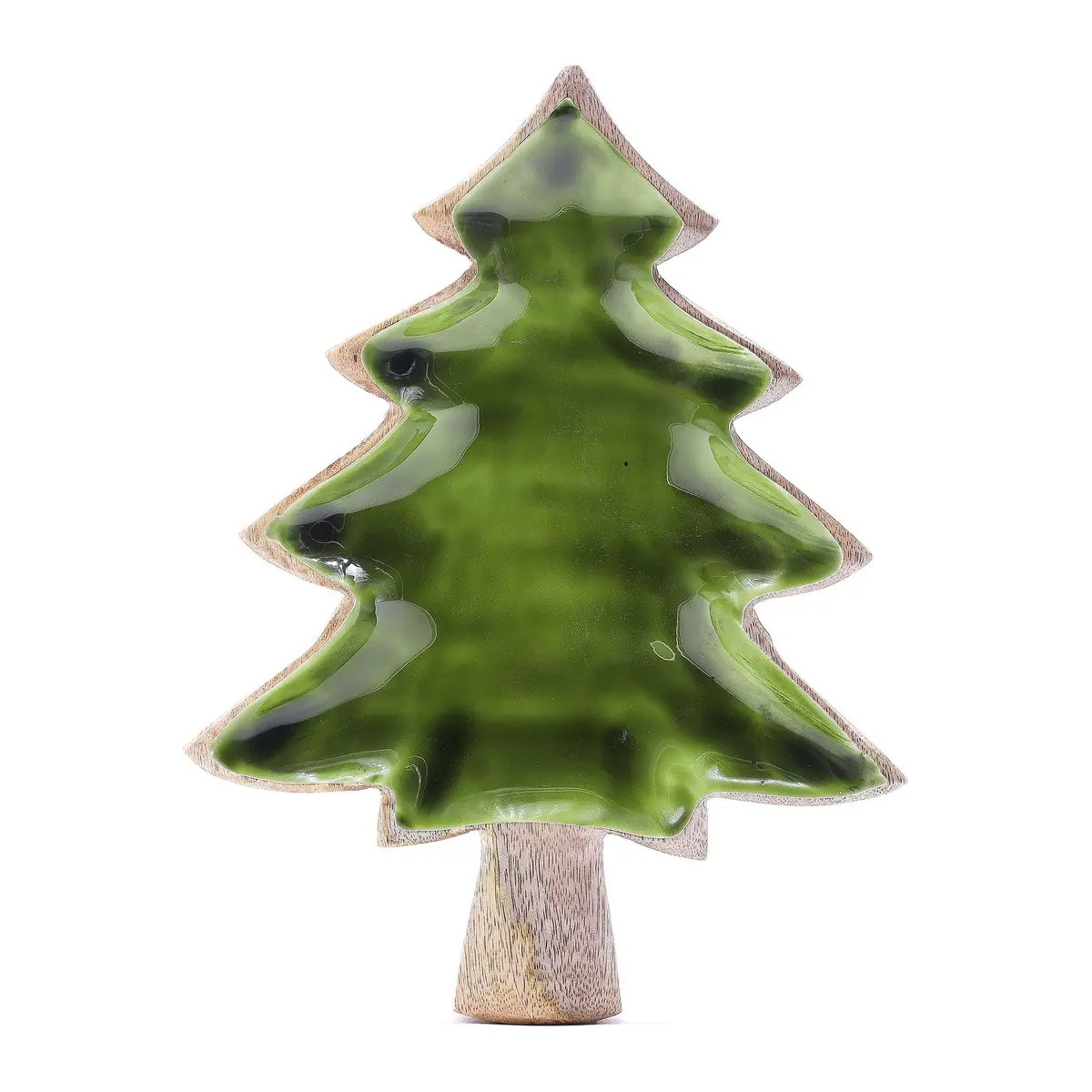Tree-shaped mango wood bowl with green enamel