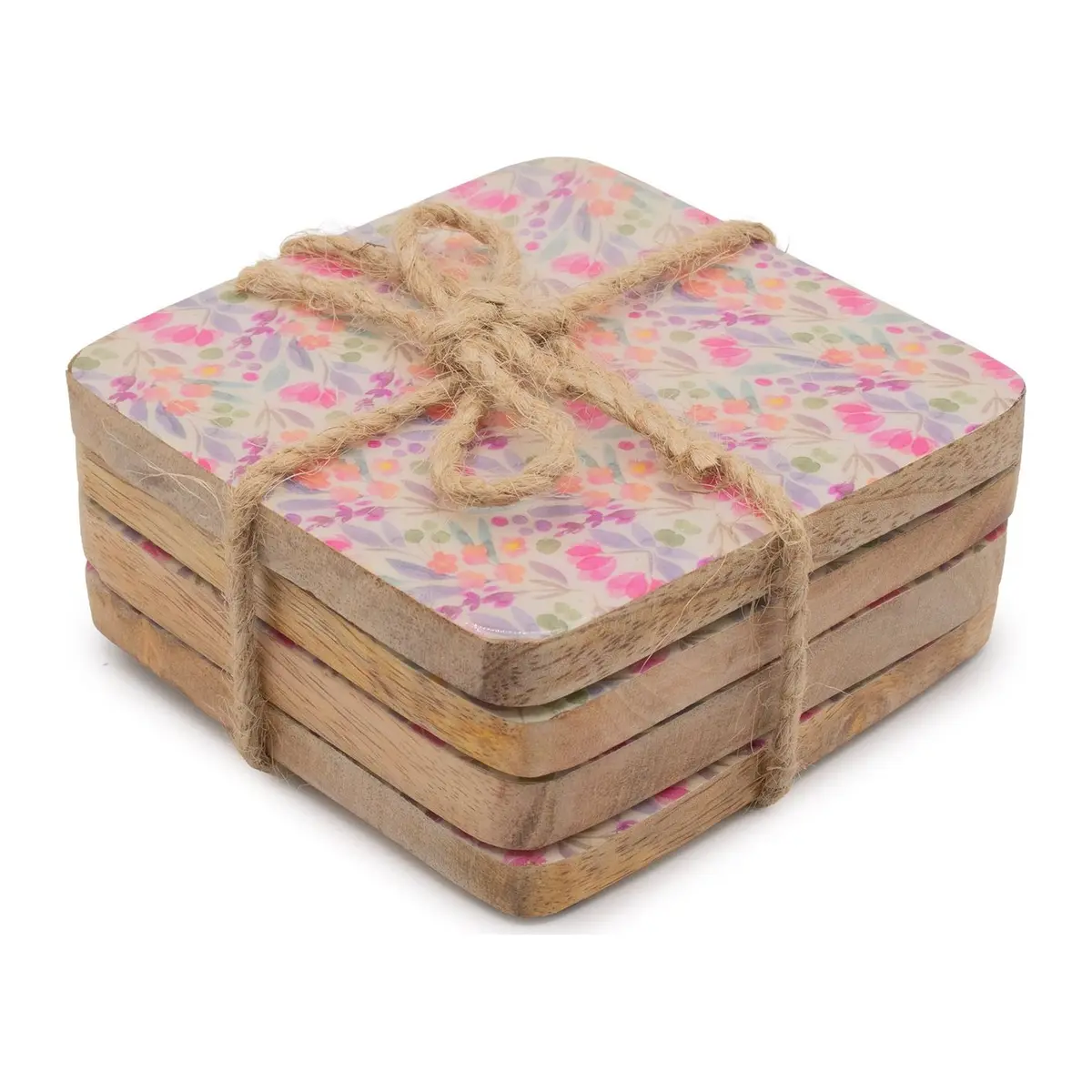 Four floral mango wood coasters