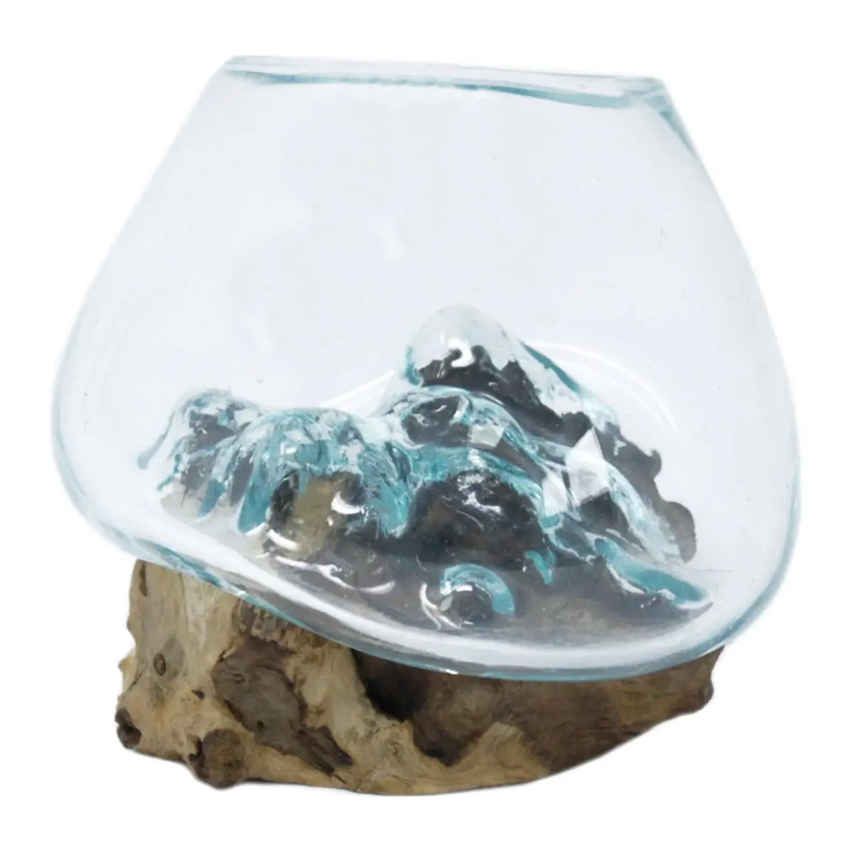 Molten glass bowl set into natural wood