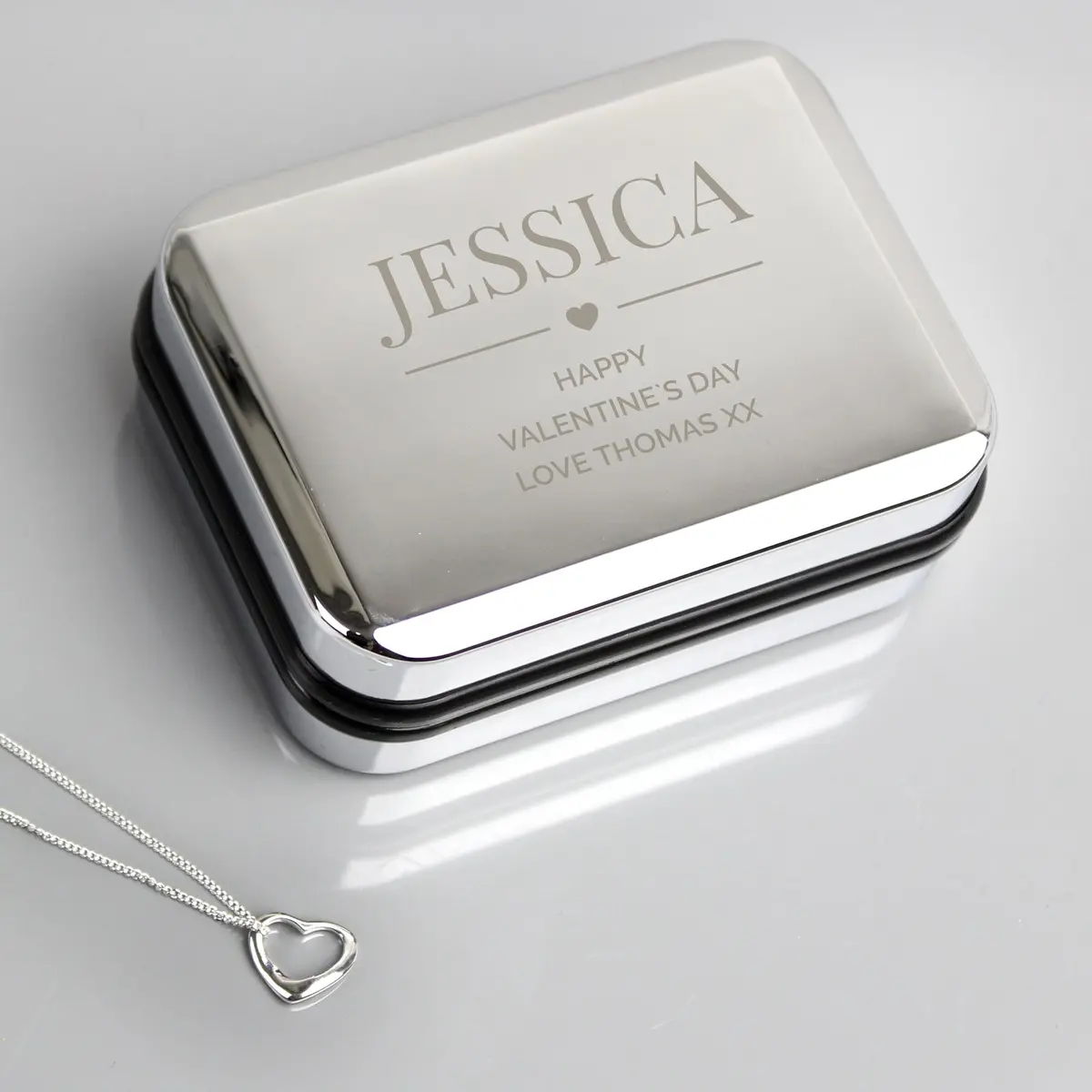 Personalised sterling silver heart necklace and box