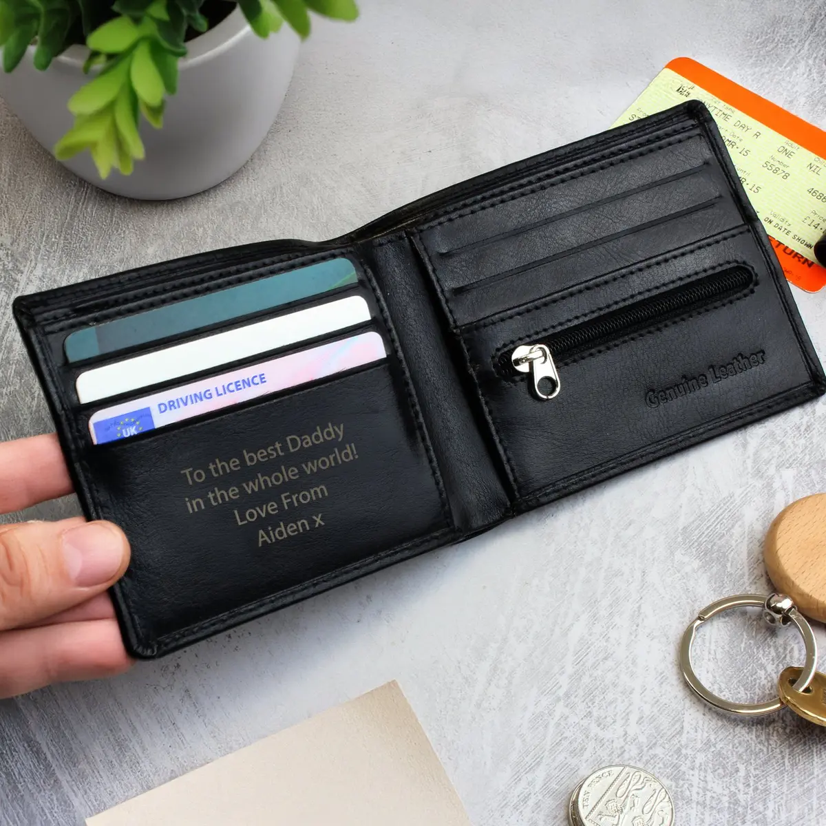 Personalised black leather wallet with message