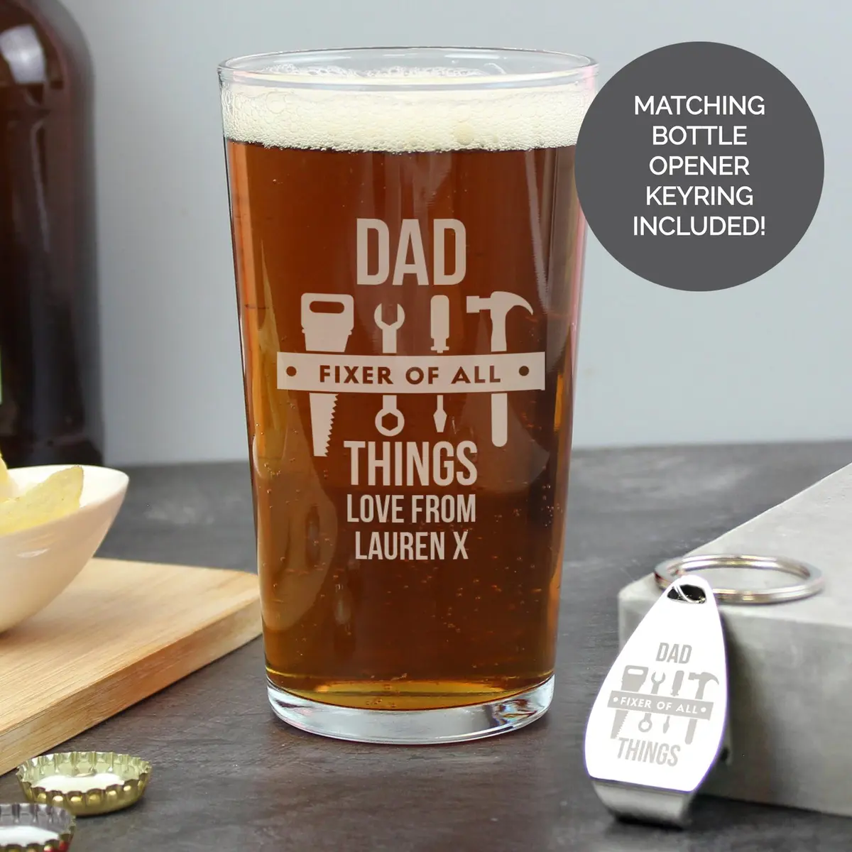 Personalised pint glass and bottle opener
