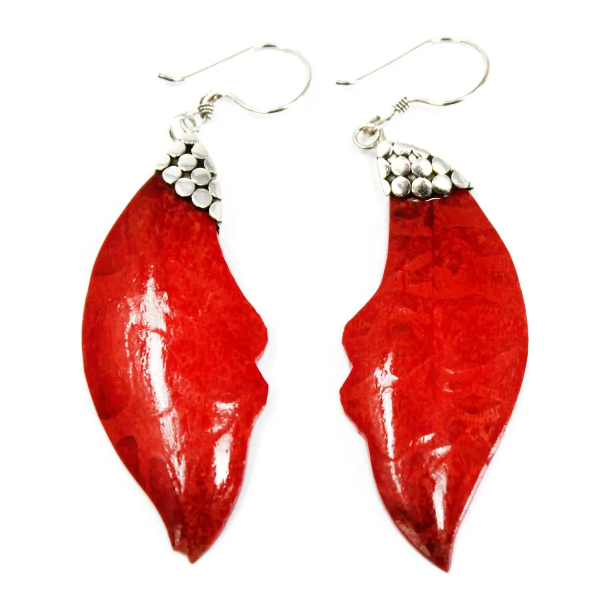 Silver leaf drop earrings with coral-effect resin