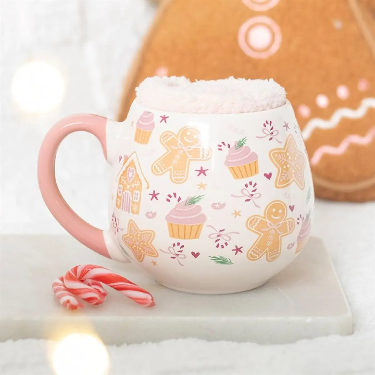 Gingerbread cookie print ceramic mug with fluffy socks and a colour cardboard box