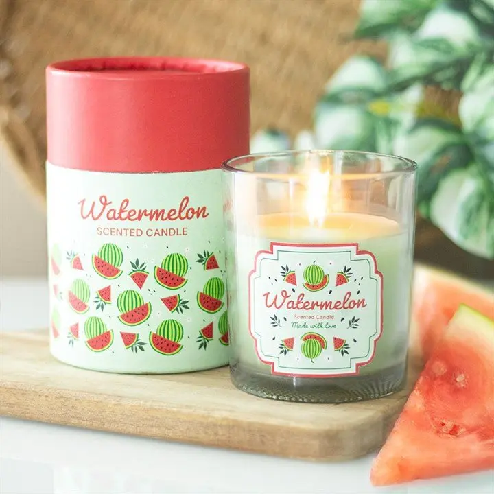 Watermelon print candle with a wooden lid