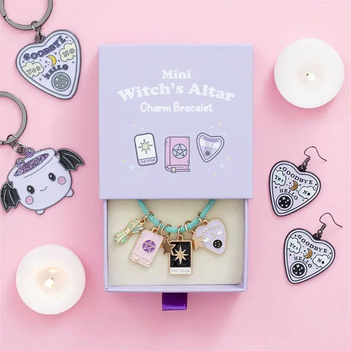 Cord bracelet with tiny enamel witch's altar charms